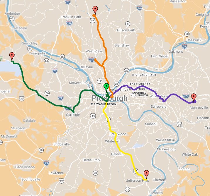 Regional bus routes via Pittsburgh Regional Transit (PRT)