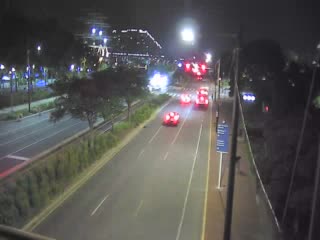 Traffic closest to camera is traveling Westbound